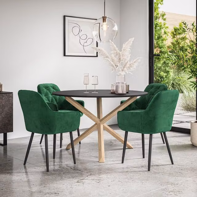 More4Homes Malvern Round Dining Table and Anika Green Velvet Chair Set, Black Table Top with Solid Oak Legs, Diameter: 120 cm, Height: 75 cm