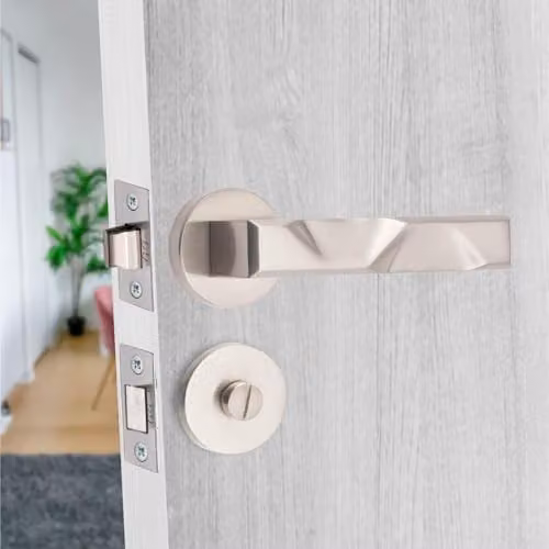 Golden Grace Nova Bathroom Door Handles on Round Rose in Brushed Silver – 2