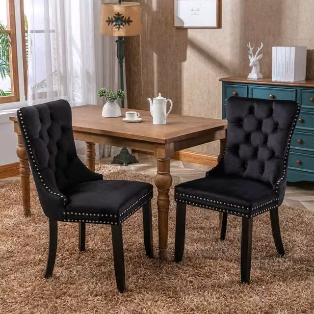 Merax Set of 2 Black Velvet Button Tufted Dining Chairs with Rubberwood Legs