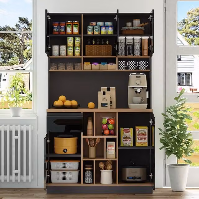 Aosom UK Modern Kitchen Cabinet and Sideboard with 3 Drawers and Adjustable Shelves, Black and Natural, H x W x D: 185 x 105 x 45 cm – 1