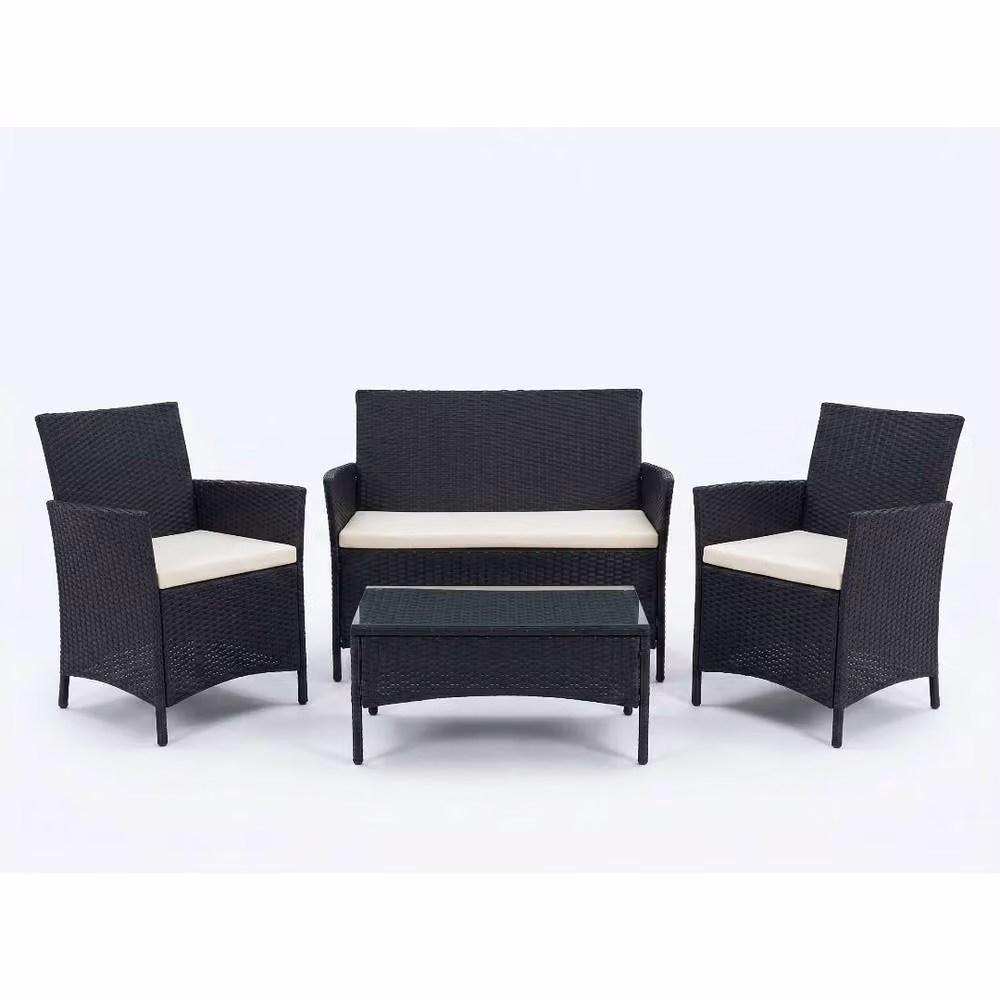 Comfy Living Ltd 4-Piece Black Polyrattan Garden Patio Furniture Set with Upholstered Cushions, 2-Seater Sofa, 2 Armchairs and Glass Coffee Table – 2