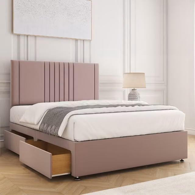 BSSPOKE Monaco Velvet Divan Bed Set with 24 inch Headboard, 2 Drawers, Footend and Mattress in Pink, Small Double, W/D/H: 120 x 200 cm