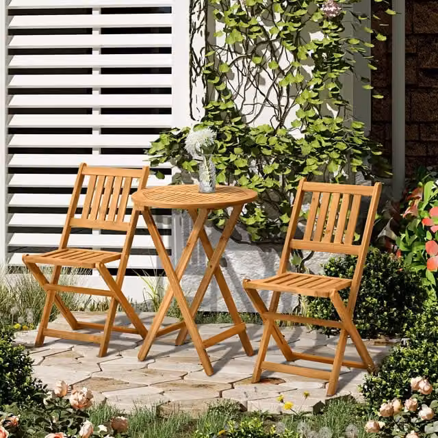 Outsunny 3 Piece Folding Bistro Set Garden Table and Chairs in Lacquered Teak Brown