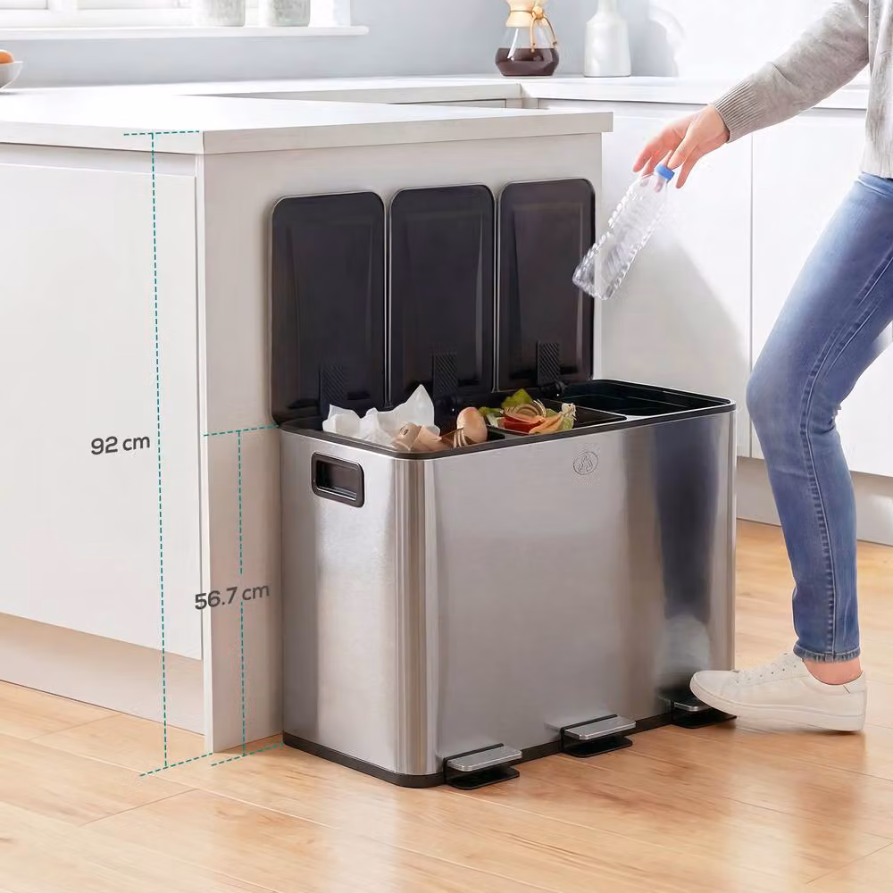 STILVORA Triple 20L Pedal Bin in Silver Stainless Steel with Soft Close Lid and Odour Filter – 2