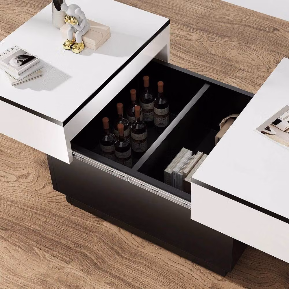 KORVIXA Modern White Glossy Wooden Coffee Table with Sliding Top, LED Lighting and Hidden Storage, W/D/H: 100 x 100 x 100 cm – 5