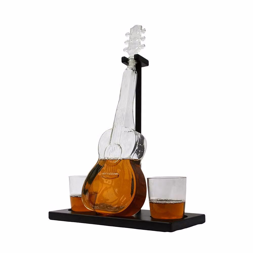 Menkind Connoisseur Creations Glass Guitar Decanter and Tumbler Set with Stand in Black and Transparent – 2
