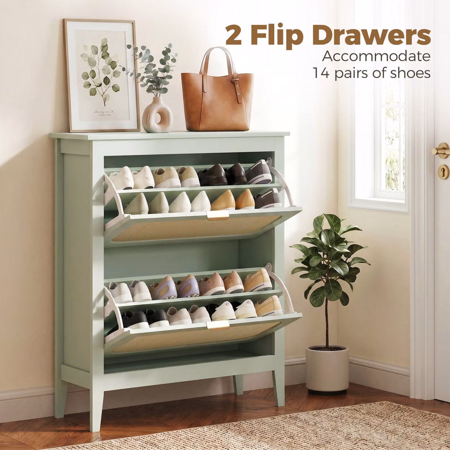 HOMCOM Boho Slim Shoe Storage Cabinet in Light Green, featuring 2 Rattan Flip Drawers for 14 Pairs of Shoes – 3