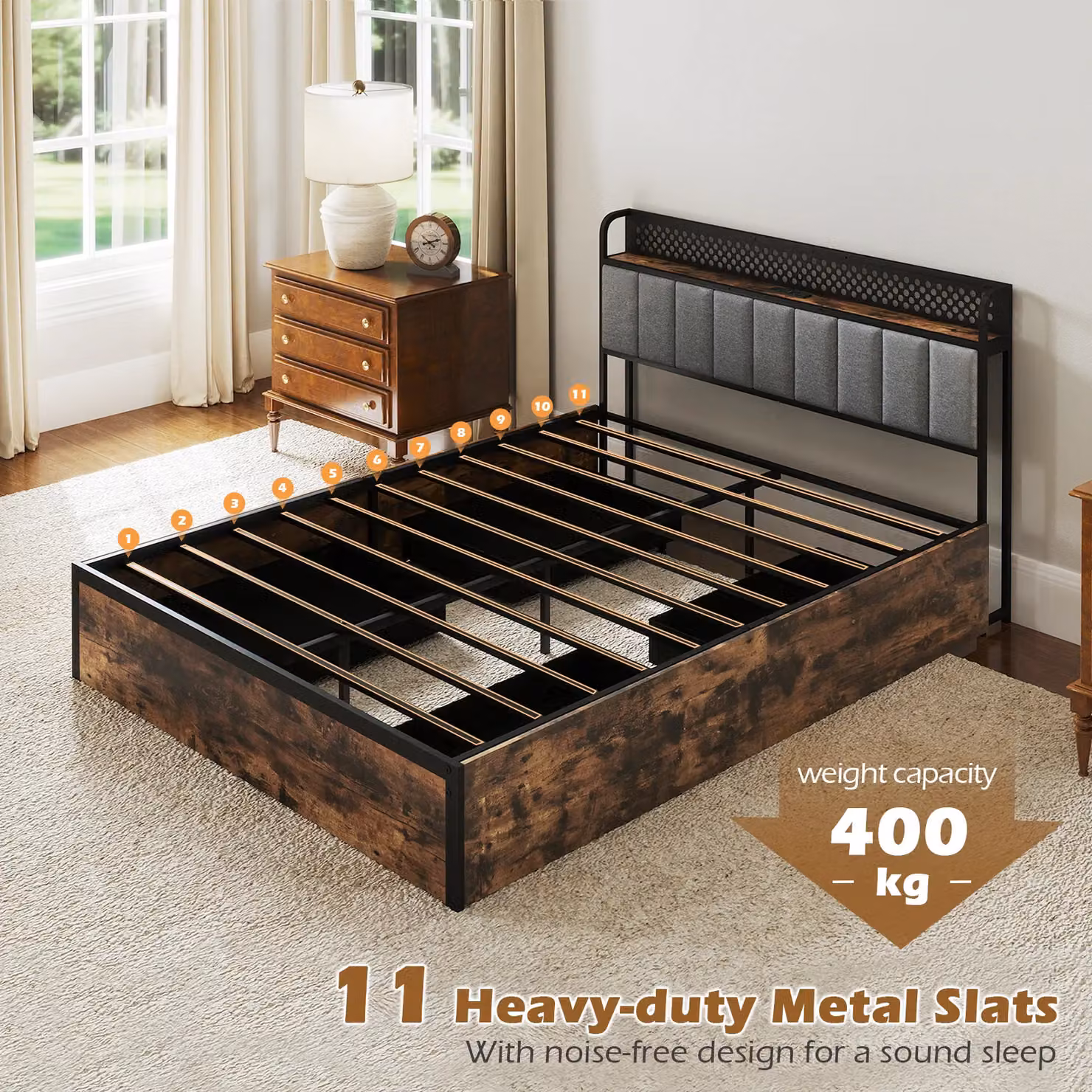 Costway Double Bed Platform Bed with LED Lights, USB Charging Ports and Drawers in Brown, W/D/H: 140 x 200 cm – 9