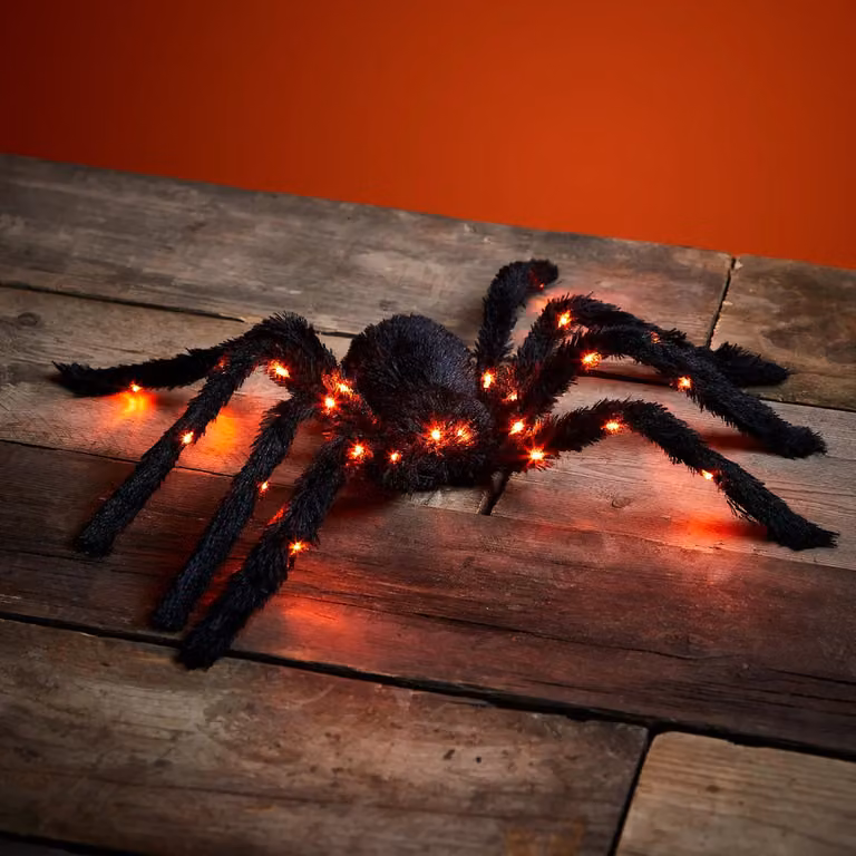 Lights4fun Giant Black Plush Spider with Amber LED Indoor Halloween Prop Decoration, 70cm