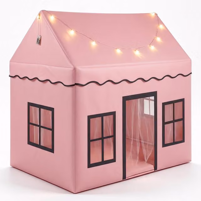 Costway Indoor Outdoor Tent Playhouse with Soft Cushion Mat and Multiple Windows, Beige and Pink