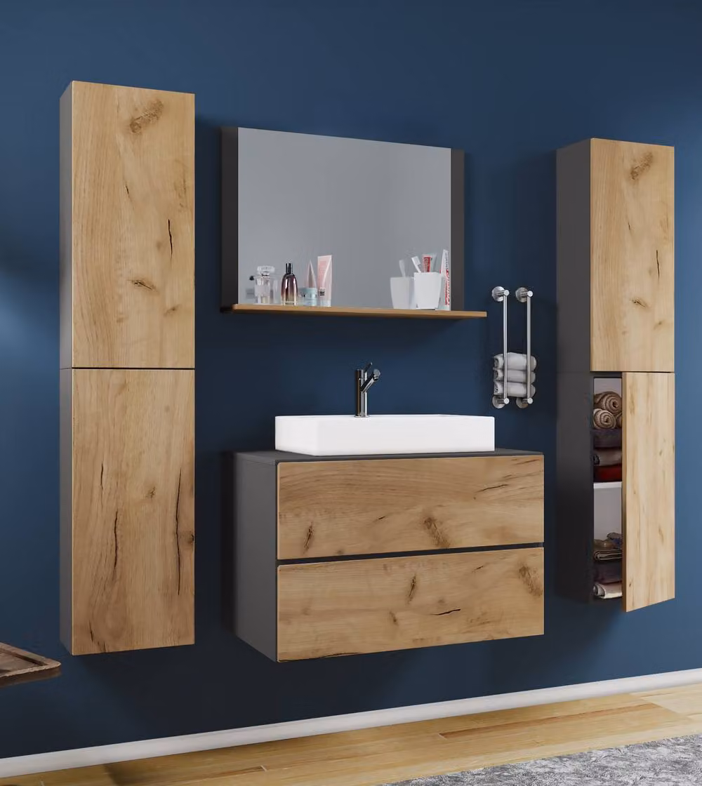 VCM Lendas XL 5-piece modern bathroom furniture set in brown and multicolour featuring vanity unit, mirror cabinet and tall cabinet – 2
