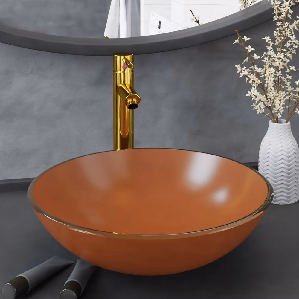 Berkfield Home Round Brown Tempered Glass Countertop Bathroom Sink with Gold Tap and Push Drain – 1
