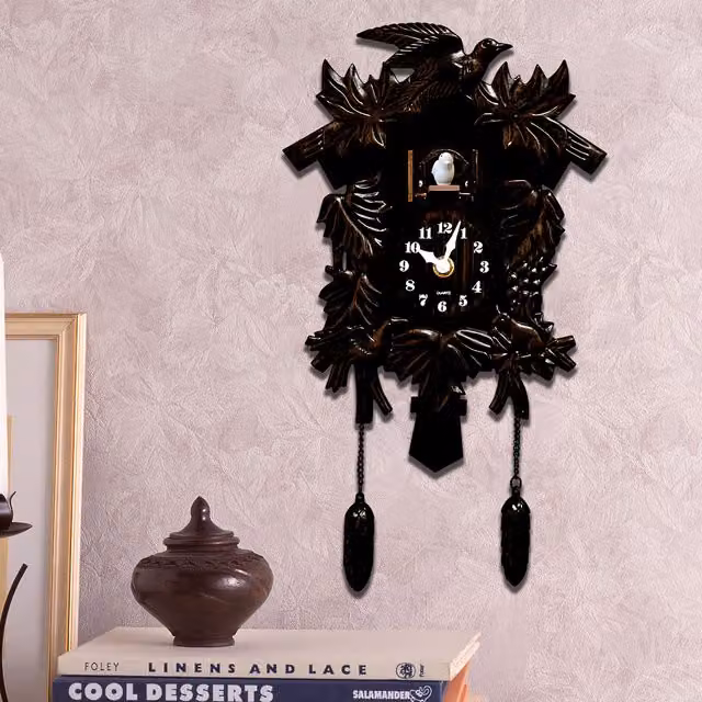 WALPLUS Vintage Black Analog Quartz Wall Cuckoo Clock with Pendulum and Music Box