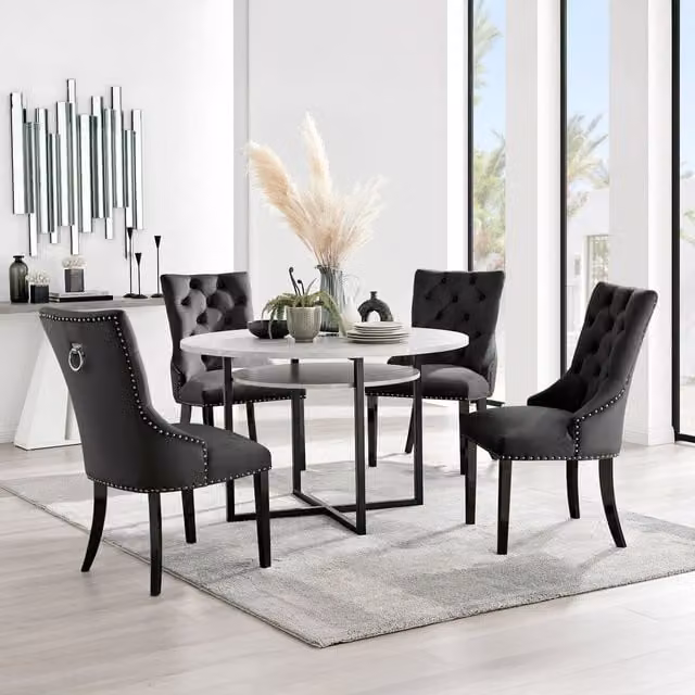 Furniturebox Adley Grey Concrete Effect Round Dining Table and 4 Belgravia Black Velvet Chairs with Metal Legs