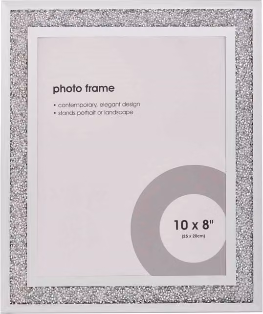 Comfort You Set of 2 White and Silver Glass Sparkle Crushed Jewel Diamond Rectangular Tabletop Photo Frames, 25 cm