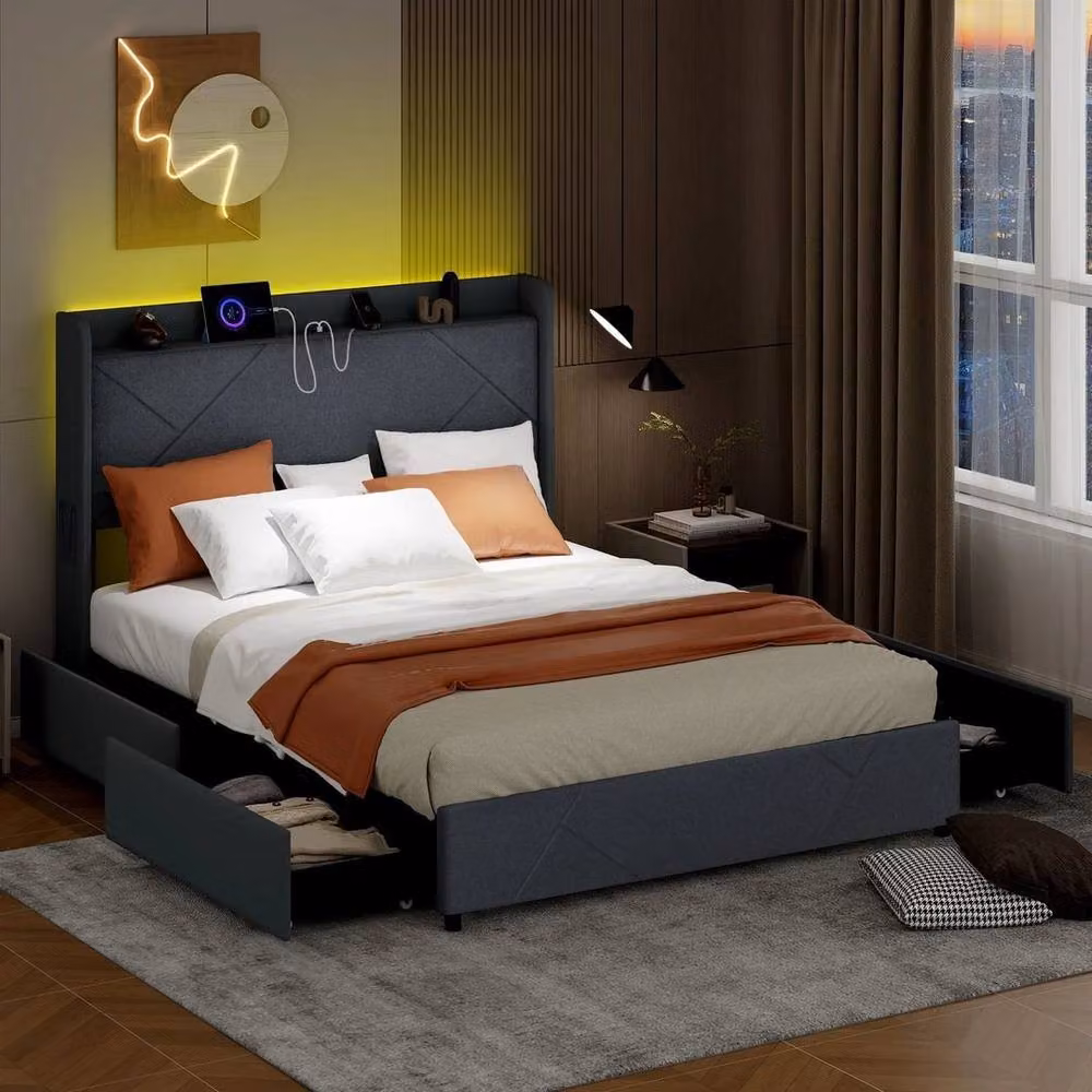 KORVIXA King Size Upholstered Fabric Platform Bed Frame in Grey with Under-Bed Lighting and Side Compartments, W/D/H: 180 x 200 cm – 4