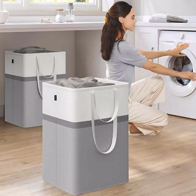 The Bazaarist Set of 2 Collapsible Fabric Freestanding Laundry Hampers with Handles, Grey, H: 65 cm, W: 45 cm, D: 40 cm