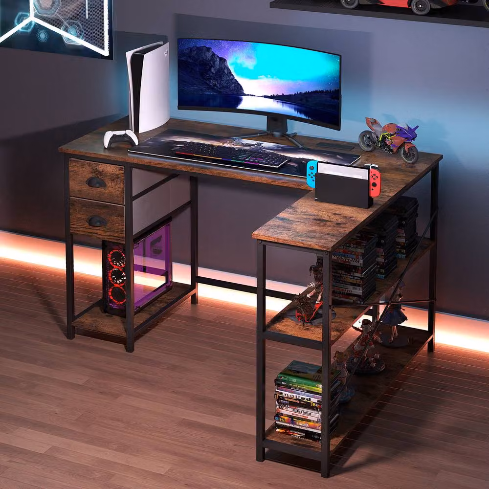 Gymax L Shaped Corner Desk with Charging Station and Cable Management, Brown – 4