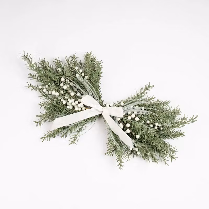 Scottish Everlastings Ltd Christmas Table Centrepiece Swag with White Velvet Bow, Green and White, 80 cm – 2
