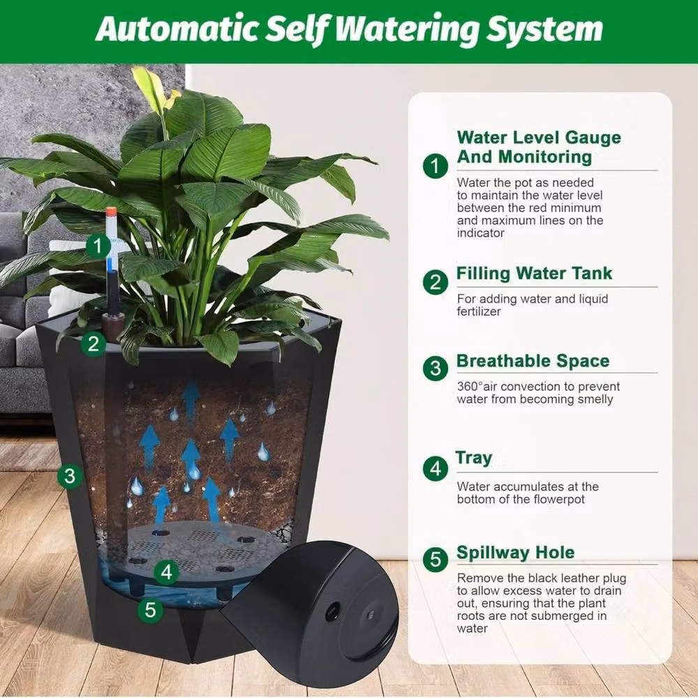VOGREX Set of 2 Self-Watering Tall Resin Planters in Black – 5