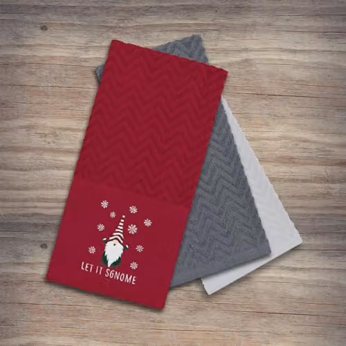 Velosso 3 Pack Let It Sgnome Christmas Tea Towel Set, Absorbent Cotton, Red, Green and Grey – 5