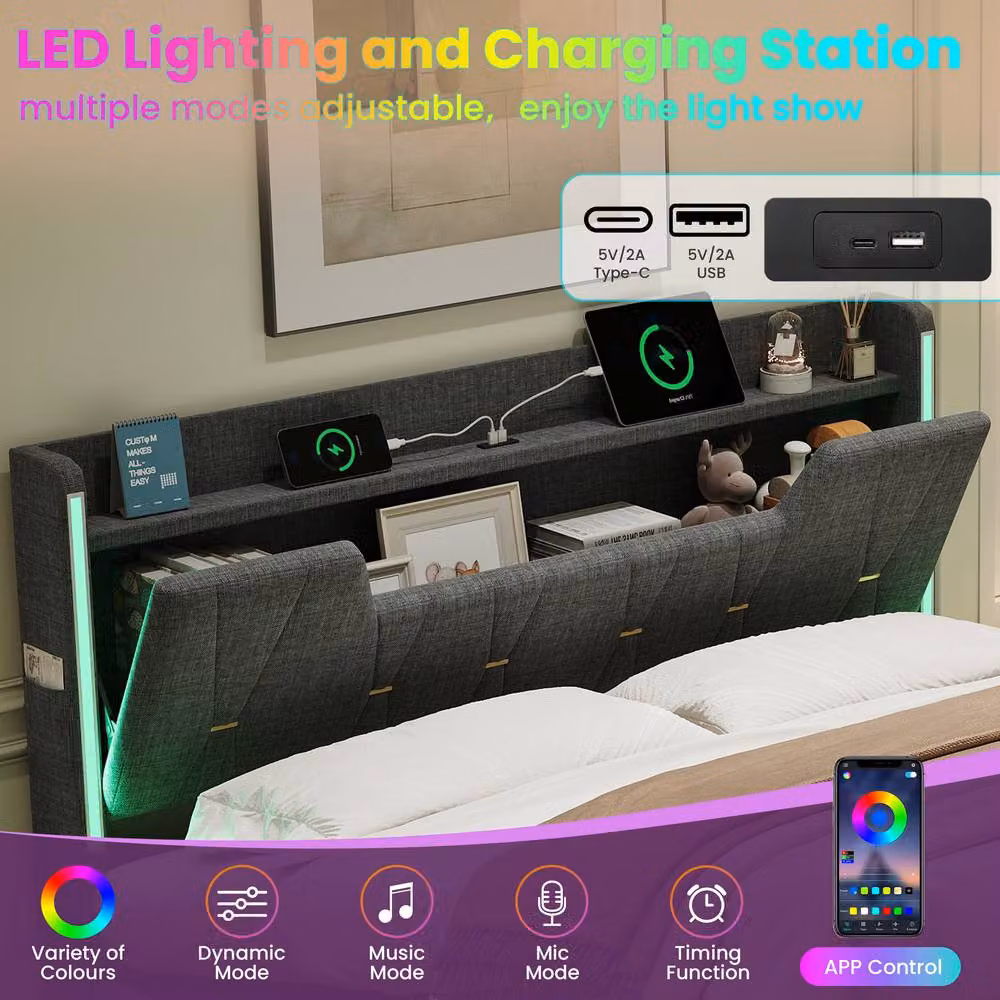 BTM King Size Hydraulic Storage Bed in Grey with X-Shape LED Lighting and USB Charging Ports, W/D/H: 180 x 200 cm – 6