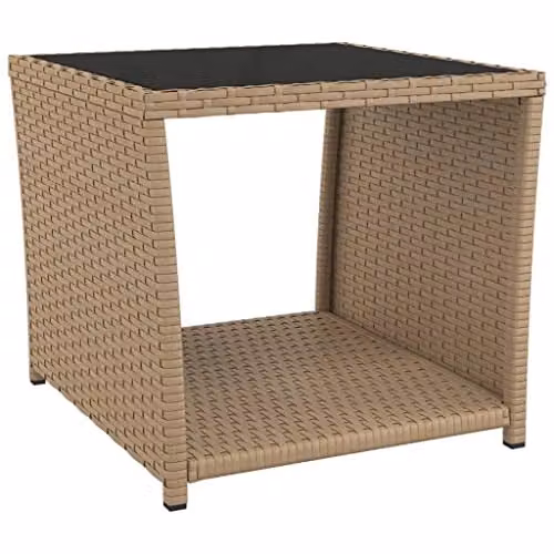 vidaXL Modern Beige Poly Rattan Garden Tea Table with Tempered Glass Top, W: 45 cm, D: 45 cm, H: 40 cm