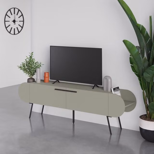 FWStyle Ash Green Capsule TV Stand with 2 Doors and Side Shelves, W: 195 cm, D: 37 cm, H: 58 cm – 1