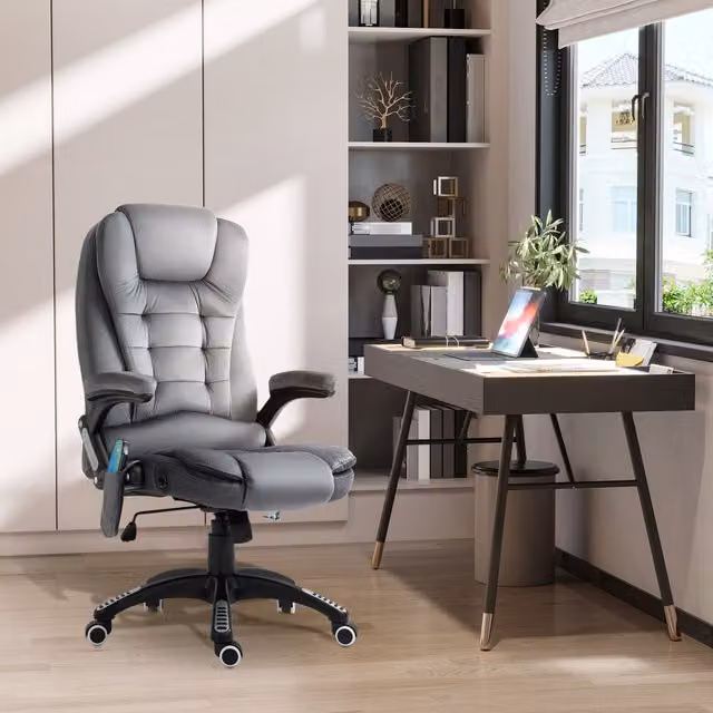 Vinsetto Ergonomic Grey Fabric Massage Office and Gaming Chair with Heated Back and Adjustable Arms – 1