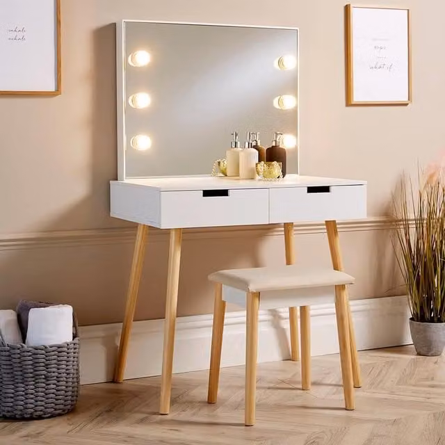 Home Source Hollywood LED Dressing Table and Stool Set in White
