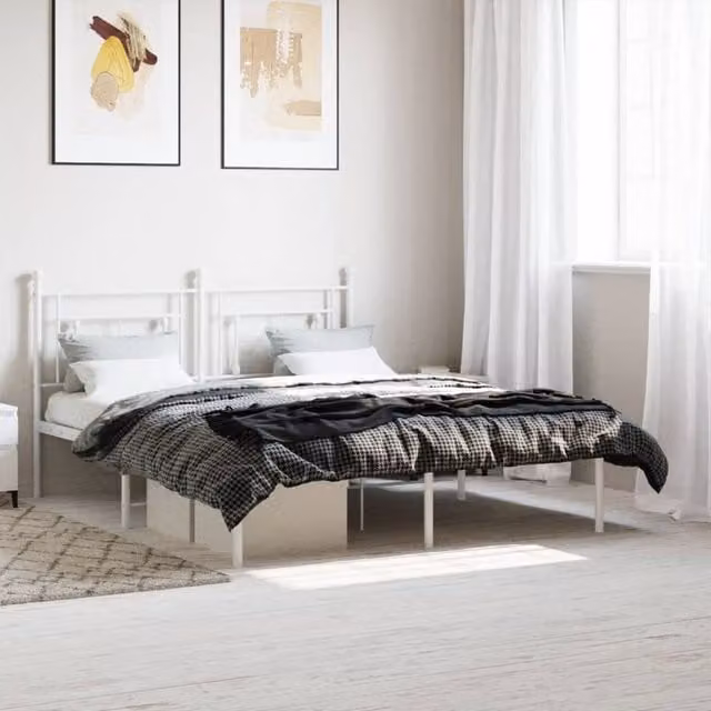 Berkfield Home Metal Bed Frame with Headboard, White, W/D/H: 150 x 200 cm – 1