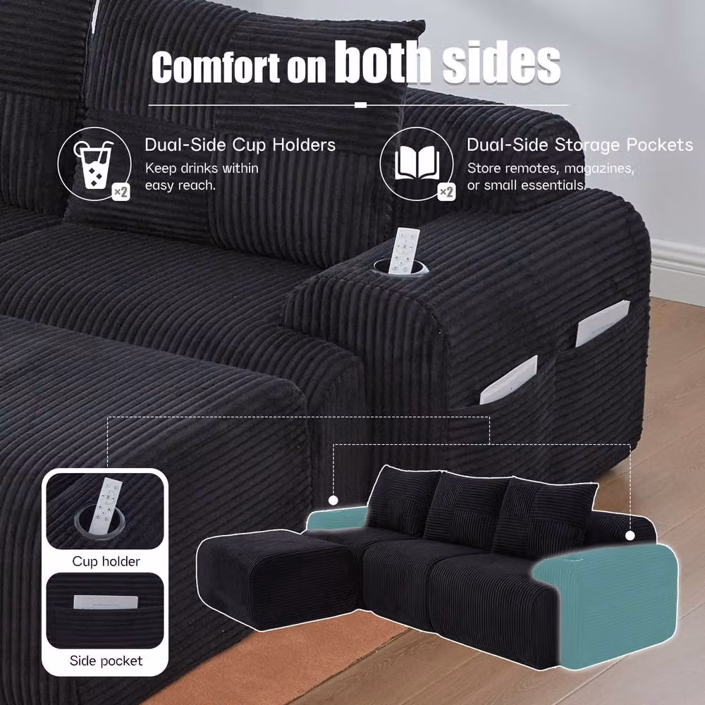 Matteo Black Modular 3-Seater Corduroy Sofa with Cup Holders and Reversible L-Shape Design – 6