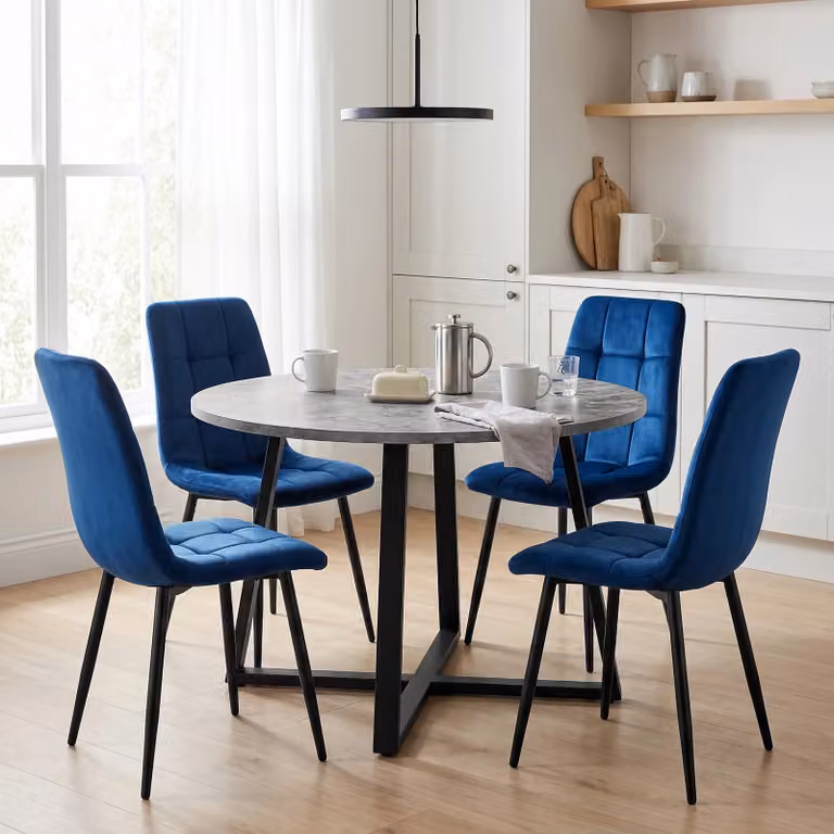 DHS Round Dining Table Set with 4 Chairs in Concrete Effect with Blue Velvet Upholstery, Diameter: 110 cm
