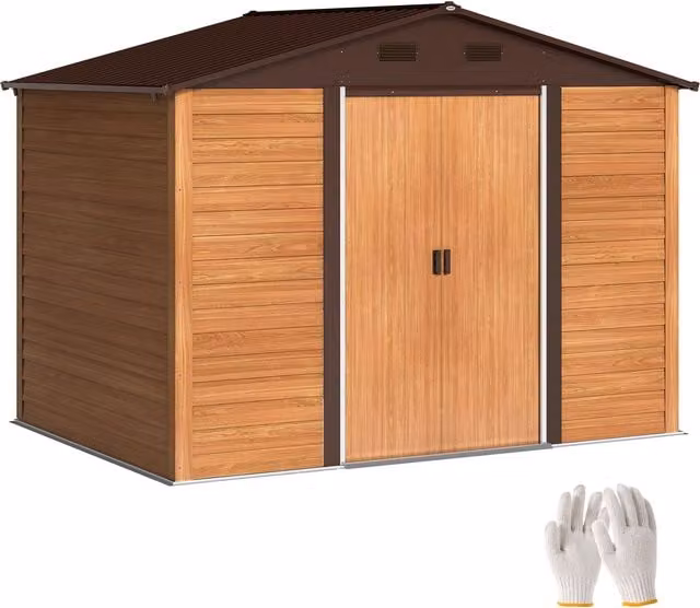Outsunny Brown Wood Effect Metal Garden Shed with Sliding Doors and Gable Roof, W: 274 cm, D: 171 cm, H: 127 cm