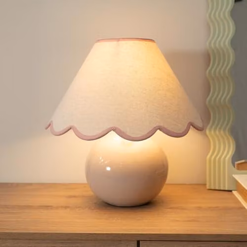 ValueLights Bosco Ceramic Sphere Table Lamp with Pink Scalloped Fabric Shade – 2