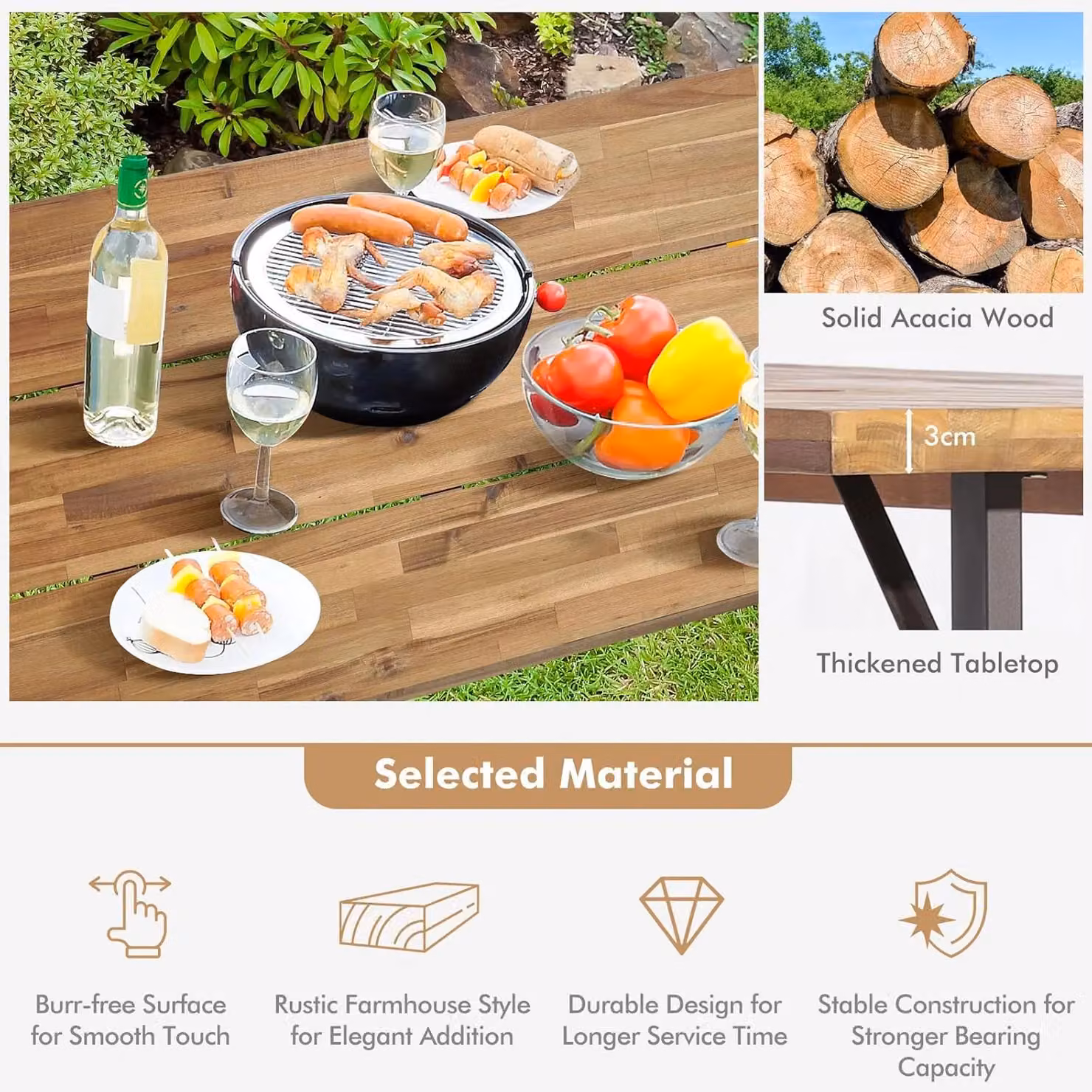 Gymax Brown Acacia Wood Picnic Table and 2 Benches Set with Umbrella Hole – 4