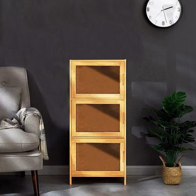 EONLION 3-Tier Brown Bamboo Display Cabinet with Glass Doors