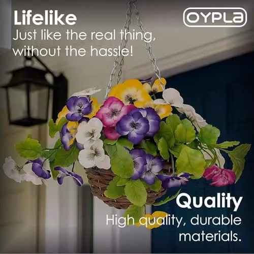 Oypla Artificial Hanging Wicker Basket with Multicoloured Pansy Flowers in Brown and Green – 5