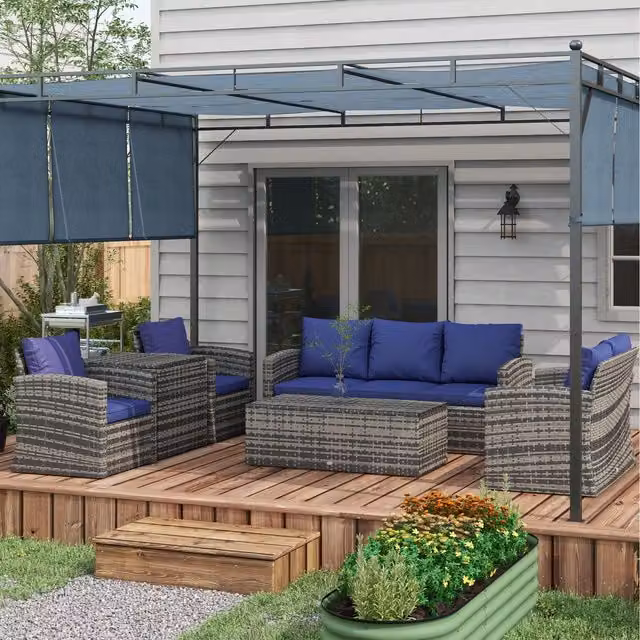Outsunny 6-Piece Modern Blue Rattan and Metal Patio Sofa Set