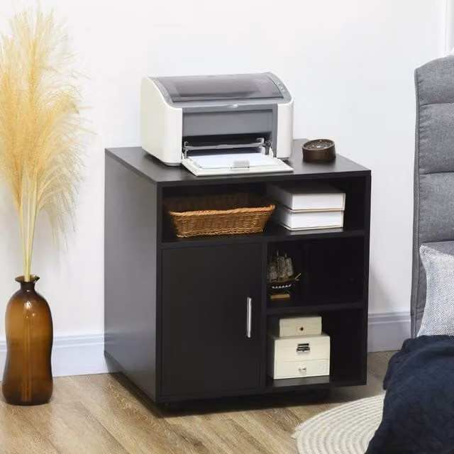 STILVORA Modern Printer Stand with Storage and Wheels in Black