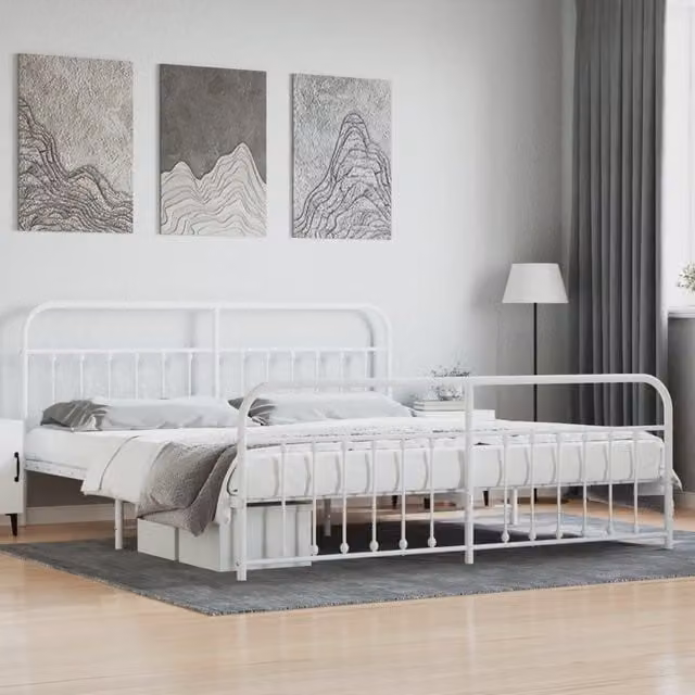 Berkfield Home Metal Bed Frame with Headboard and Footboard in White, W/D/H: 193 x 203 cm – 1