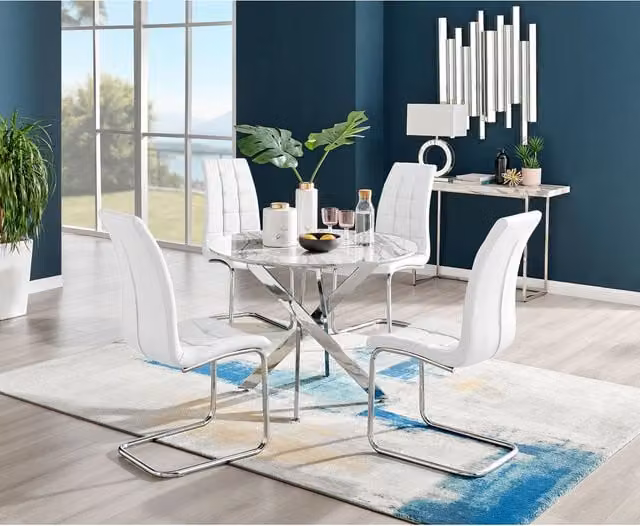 FurnitureboxUK Novara White Marble Effect Round Dining Table and 4 Murano Chairs in White and Silver