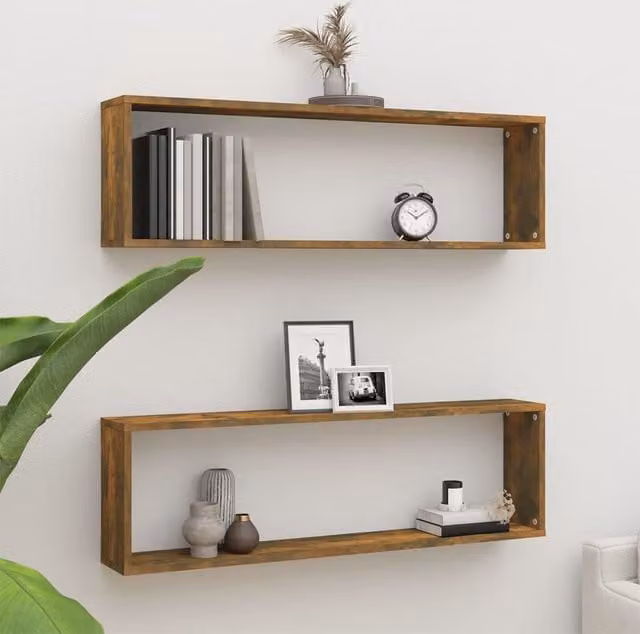 Berkfield Home Wall Cube Shelves, 2 Piece Set in Smoked Oak Brown, W/D/H: 100 x 15 x 30 cm