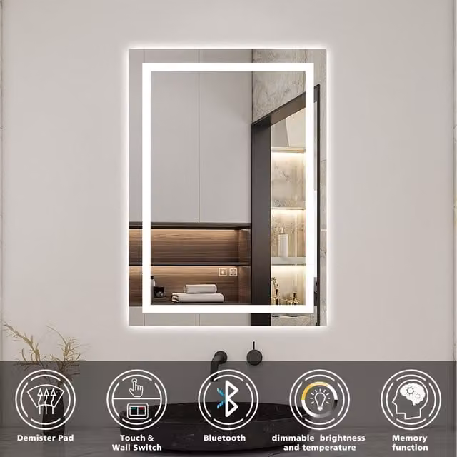 AicaBathroom White Rectangular LED Bathroom Mirror with Bluetooth Speaker and Dimmable Touch Control, Width: 50 cm