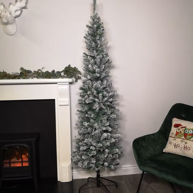 Premier Decorations Green Snow Flocked PVC Slim Spruce Pine Christmas Tree, 2m