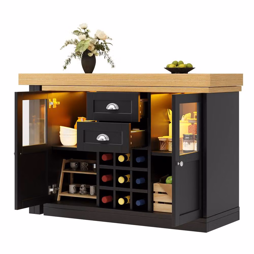 BTM Extendable Black Matt Sideboard with LED Lighting and Glass Storage Cabinet, W/D/H: 148 x 40 x 74 cm – 6