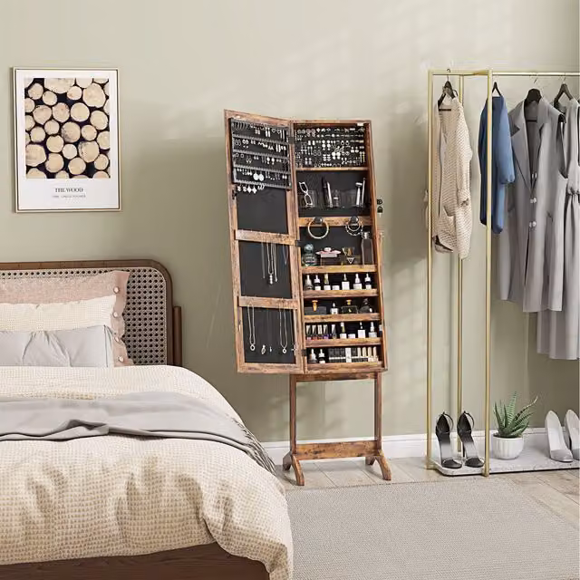 HOMCOM Brown Lockable Jewellery Cabinet with LED Mirror and Internal Shelves