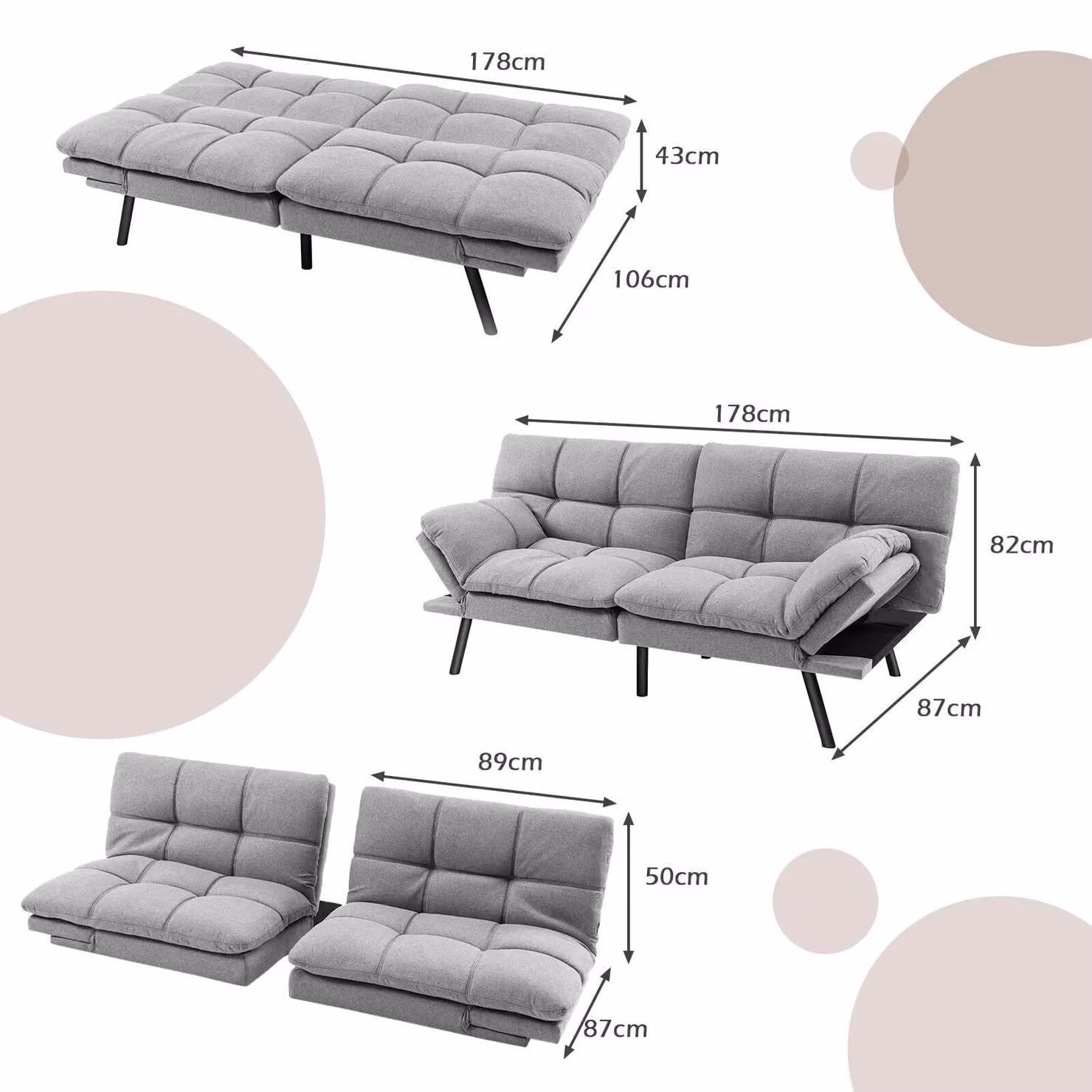 Costway 2 Seat Convertible Loveseat Sofa Bed with Memory Foam Sleeper in Grey – 2