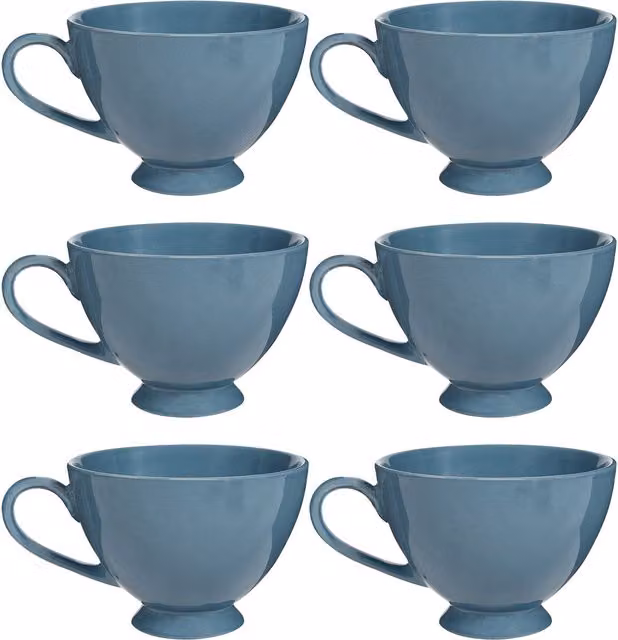 Dibor Montmartre Set of 6 Large French Blue Ceramic Tea Cups and Coffee Mugs