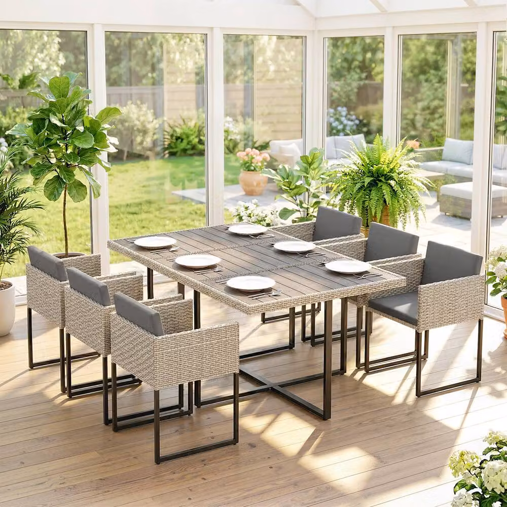 Outsunny 7 Piece Grey Rattan Garden Furniture Set with Cushions – 8